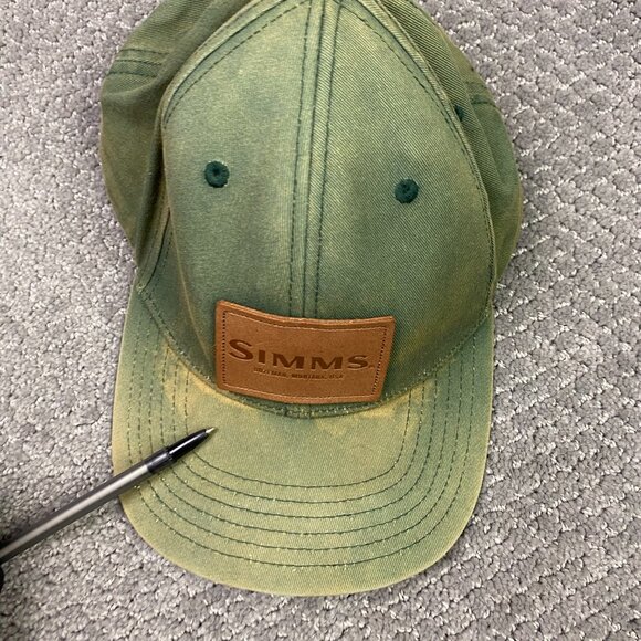 Simms Fishing Snapback Hat Cap Green Cotton with Leather Patch Distressed Faded - Picture 8 of 14